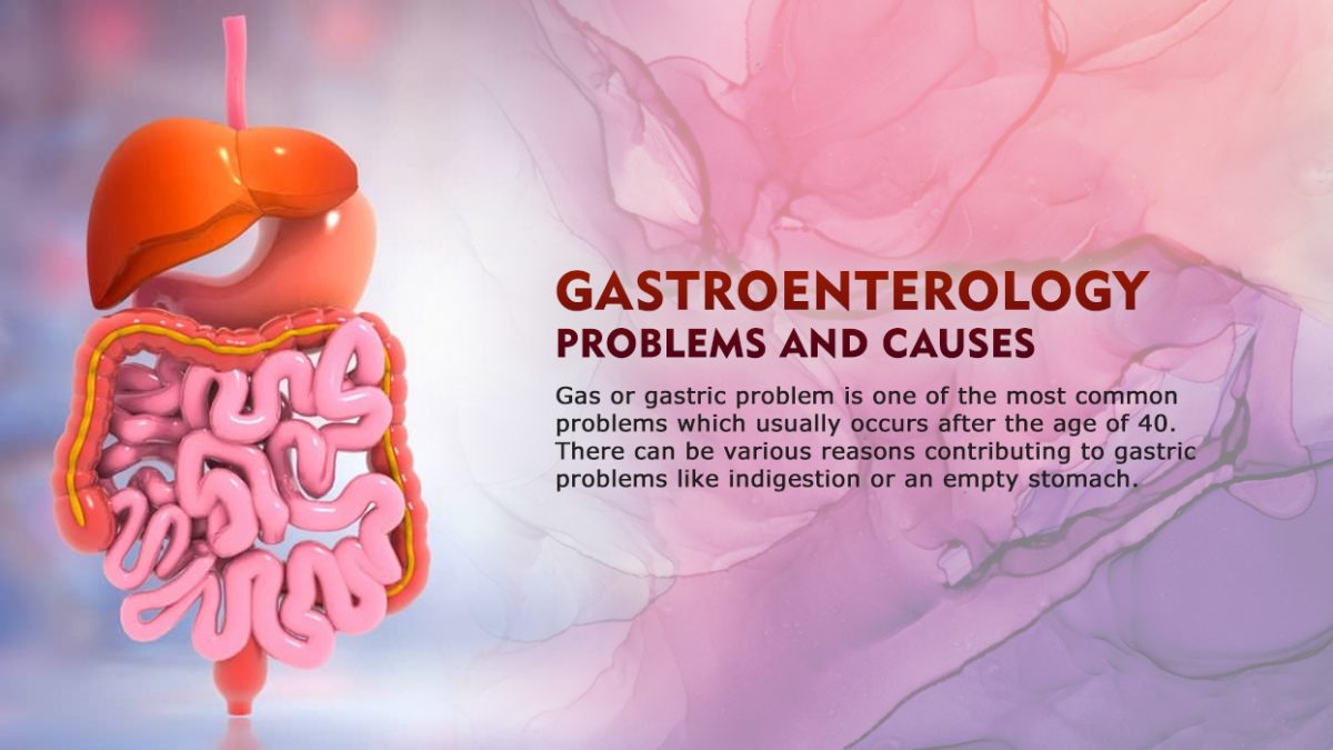 3D illustration showing the human digestive system with liver, stomach, and intestines beside text about common gastroenterology problems and causes like gas and indigestion after age 40 on a pink and purple background.