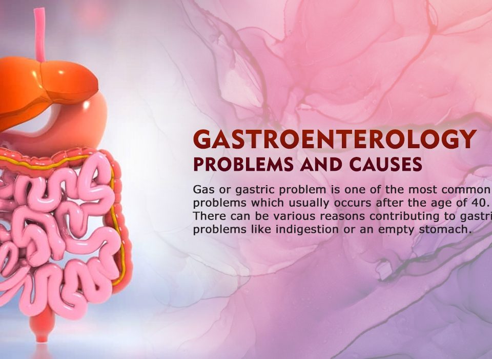 3D illustration showing the human digestive system with liver, stomach, and intestines beside text about common gastroenterology problems and causes like gas and indigestion after age 40 on a pink and purple background.