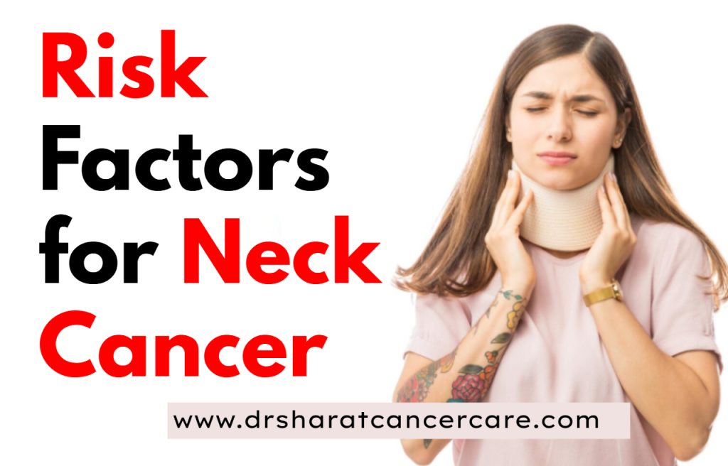 
Young woman in pain wearing cervical collar with white background highlighting text "Risk Factors for Neck Cancer"